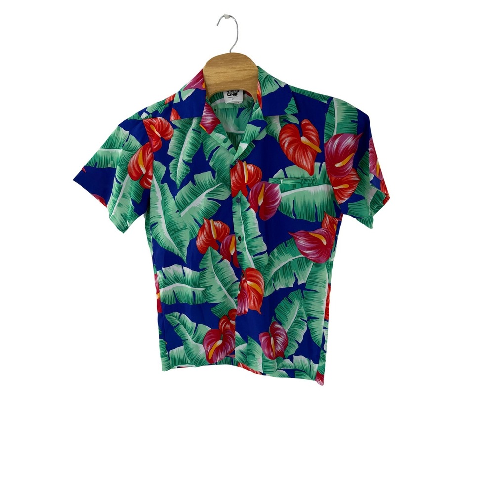 Hilo Hattie Hawaiian Shirt Womens Medium Blue Tropical Anthurium Floral Leaf 555